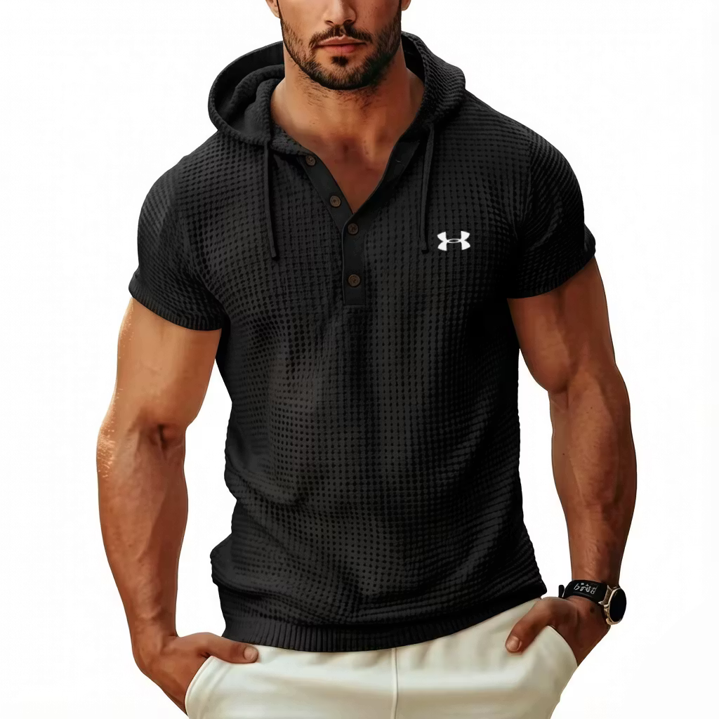 Men's Cotton Waffle Hoodie Casual Solid Color Short-Sleeve T-Shirt
