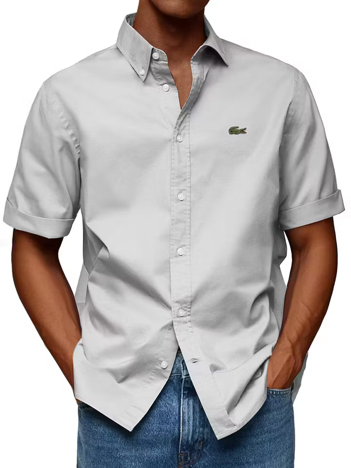 Men's Cotton Casual Fashion Lapel Solid Color Comfortable Short Sleeve Shirt