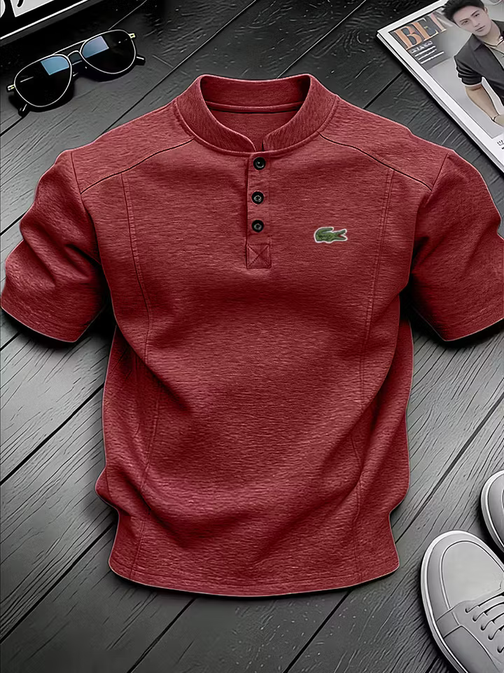 Men's Cotton Stand Collar Button Design Casual Short Sleeved Henley Shirt