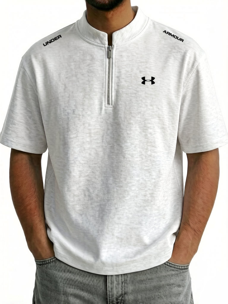 Men's Cotton Stand Collar Zipper Casual Sporty Short Sleeve T-Shirt