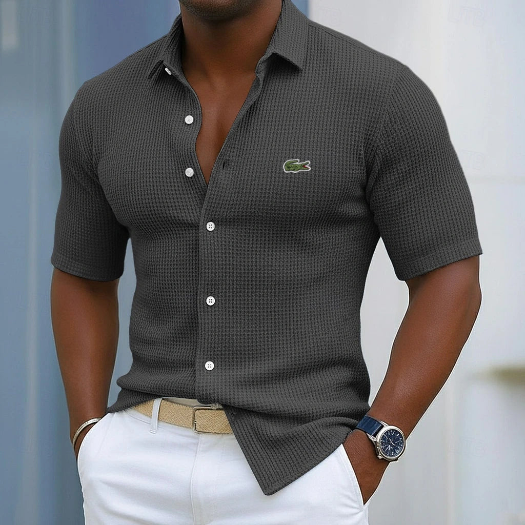 Men's Cotton Waffle Gentleman's Casual Solid Color Short Sleeve Shirt