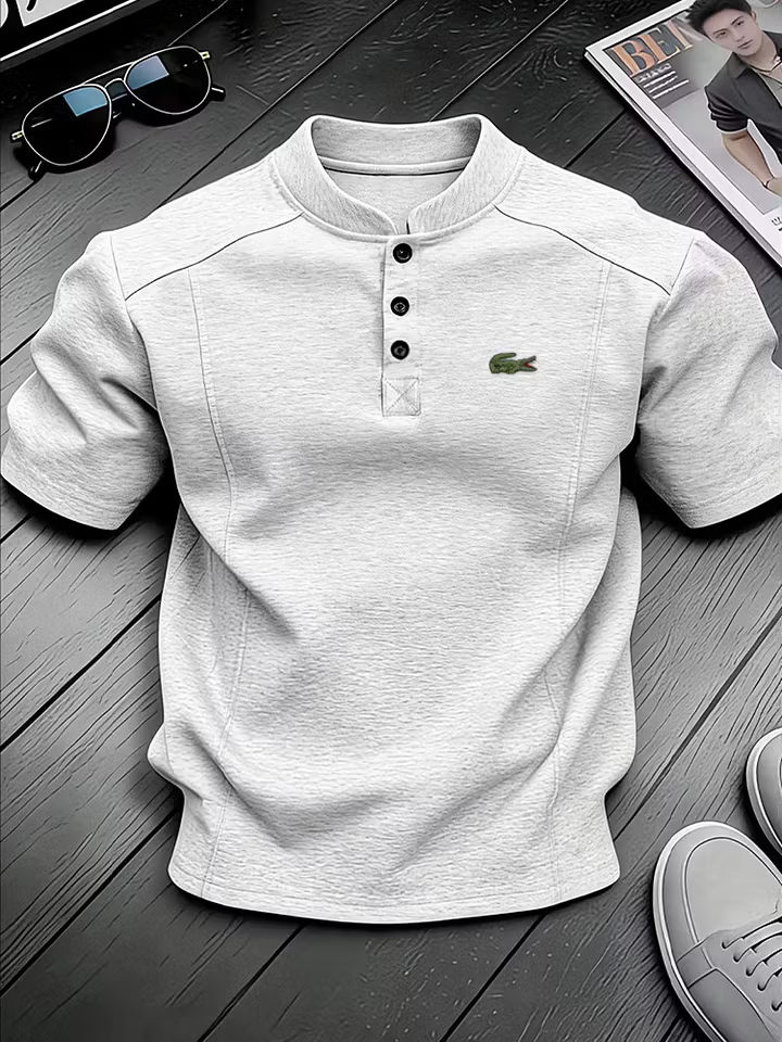 Men's Cotton Stand Collar Button Design Casual Short Sleeved Henley Shirt
