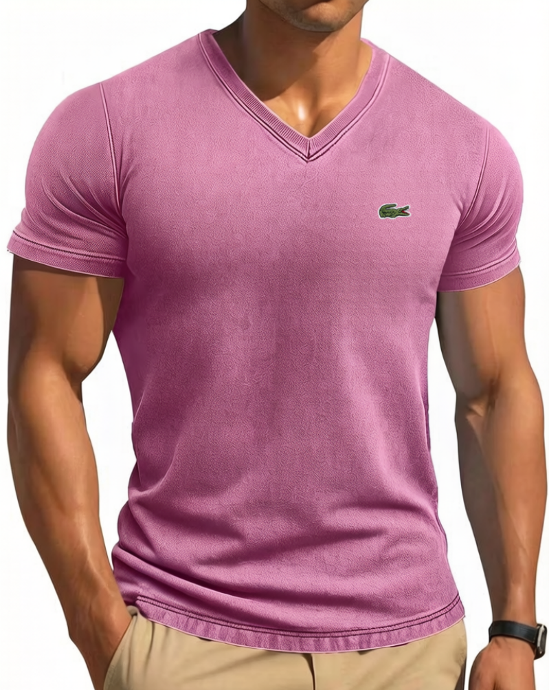 Men's Cotton Retro Solid Color Tight V-Neck Short Sleeved T-Shirt