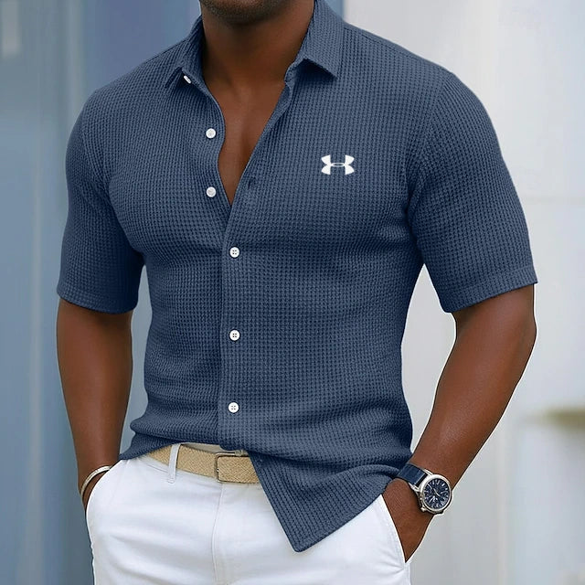 Men's Cotton Waffle Casual Gentleman's Solid Color Short Sleeve Shirt