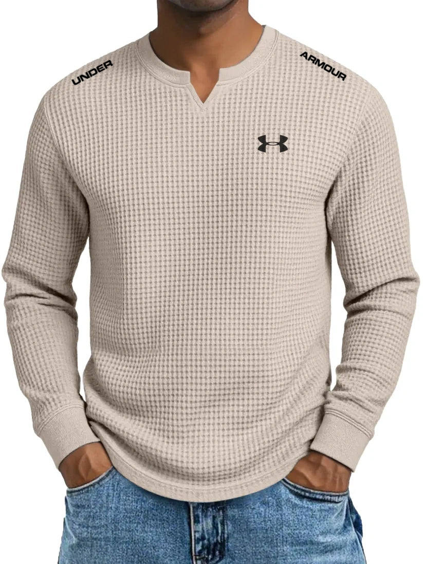 Men's Cotton Waffle Casual Gentleman V-Neck Long Sleeve T-Shirt