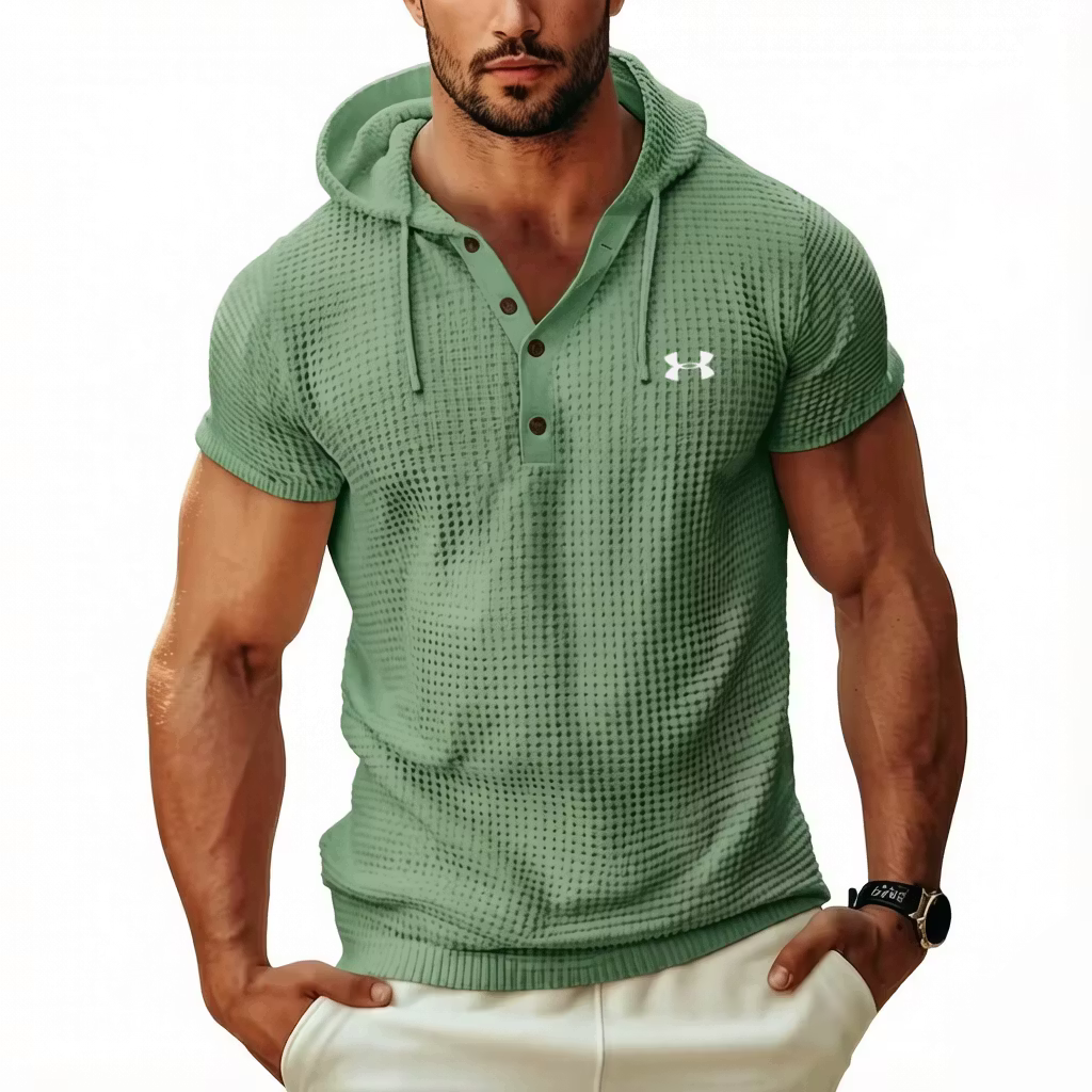 Men's Cotton Waffle Hoodie Casual Solid Color Short-Sleeve T-Shirt
