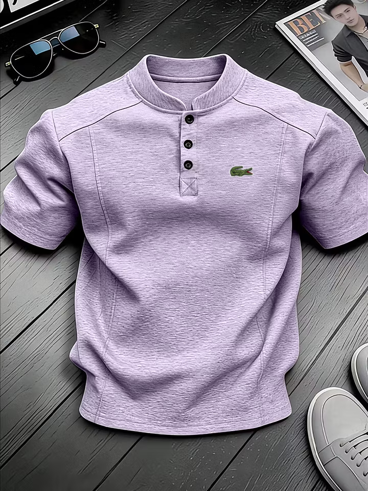 Men's Cotton Stand Collar Button Design Casual Short Sleeved Henley Shirt