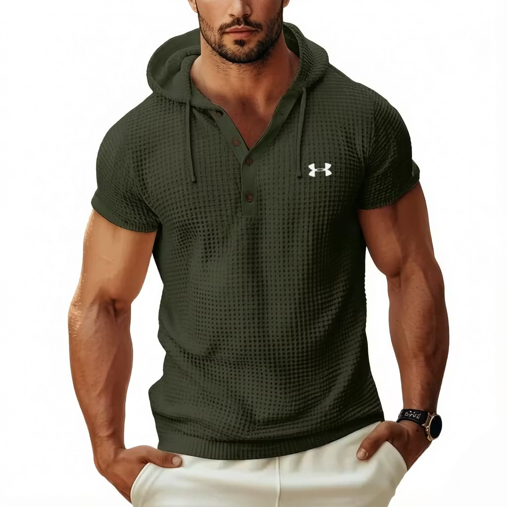 Men's Cotton Waffle Hoodie Casual Solid Color Short-Sleeve T-Shirt