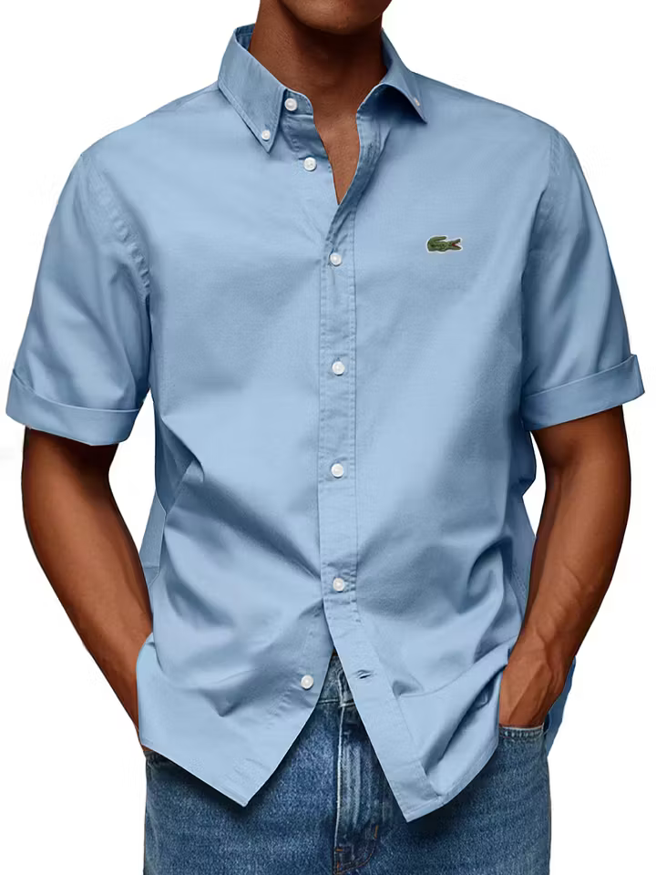 Men's Cotton Casual Fashion Lapel Solid Color Comfortable Short Sleeve Shirt