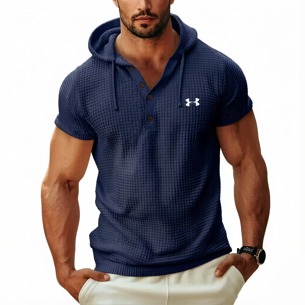 Men's Cotton Waffle Hoodie Casual Solid Color Short-Sleeve T-Shirt