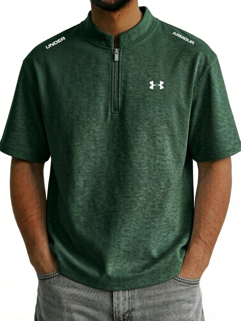 Men's Cotton Stand Collar Zipper Casual Sporty Short Sleeve T-Shirt