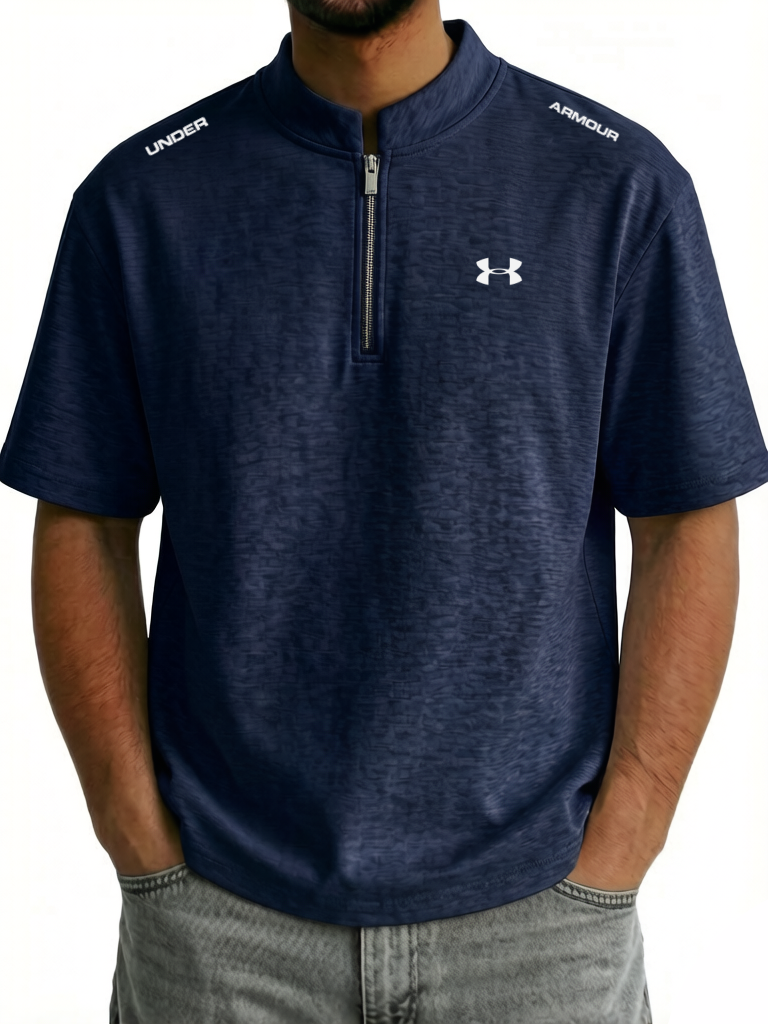 Men's Cotton Stand Collar Zipper Casual Sporty Short Sleeve T-Shirt