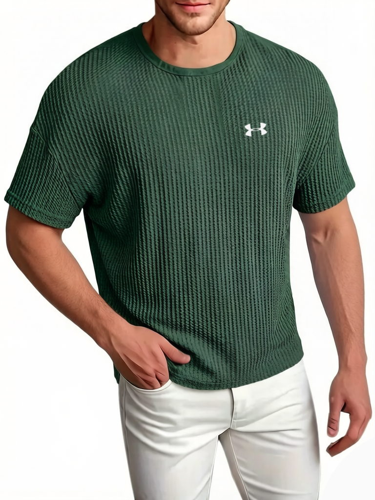 Men's Cotton Waffle Breathable Casual Round Neck Short Sleeved T-Shirt