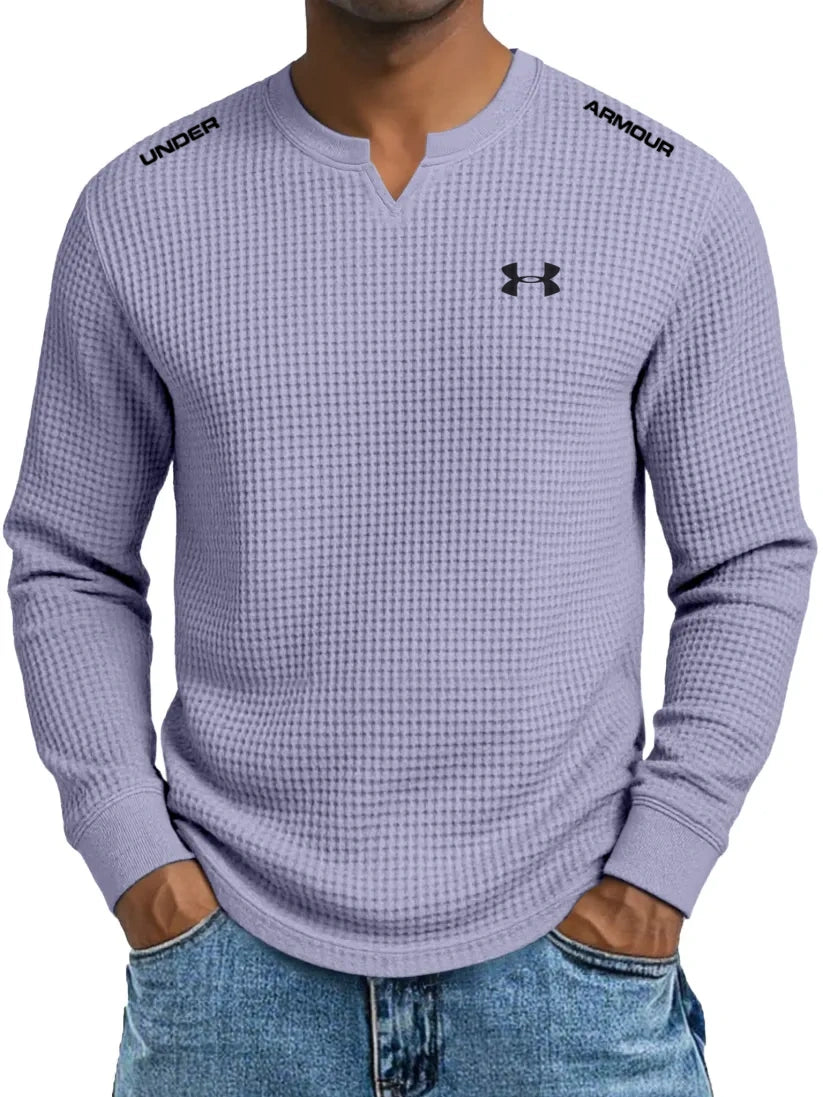 Men's Cotton Waffle Casual Gentleman V-Neck Long Sleeve T-Shirt