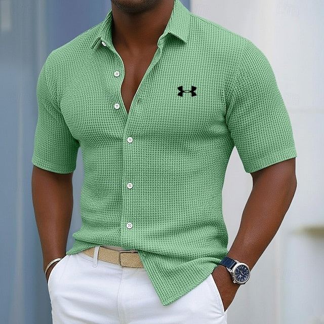Men's Cotton Waffle Casual Gentleman's Solid Color Short Sleeve Shirt