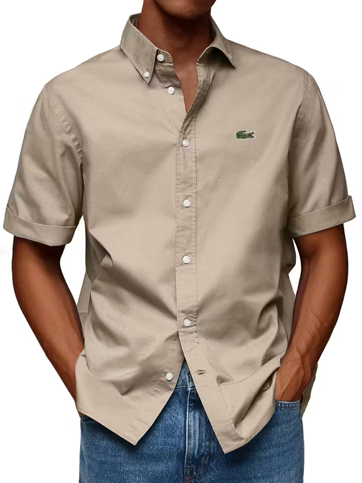 Men's Cotton Casual Fashion Lapel Solid Color Comfortable Short Sleeve Shirt