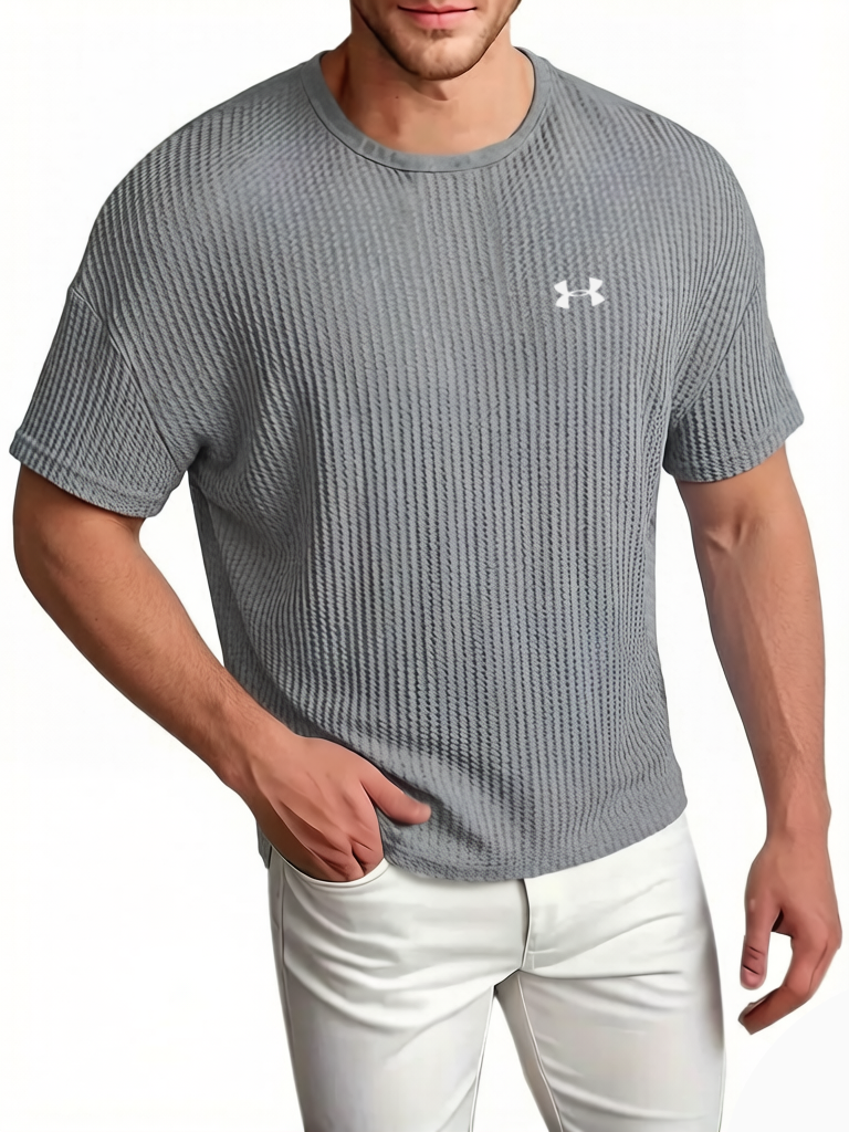 Men's Cotton Waffle Breathable Casual Round Neck Short Sleeved T-Shirt