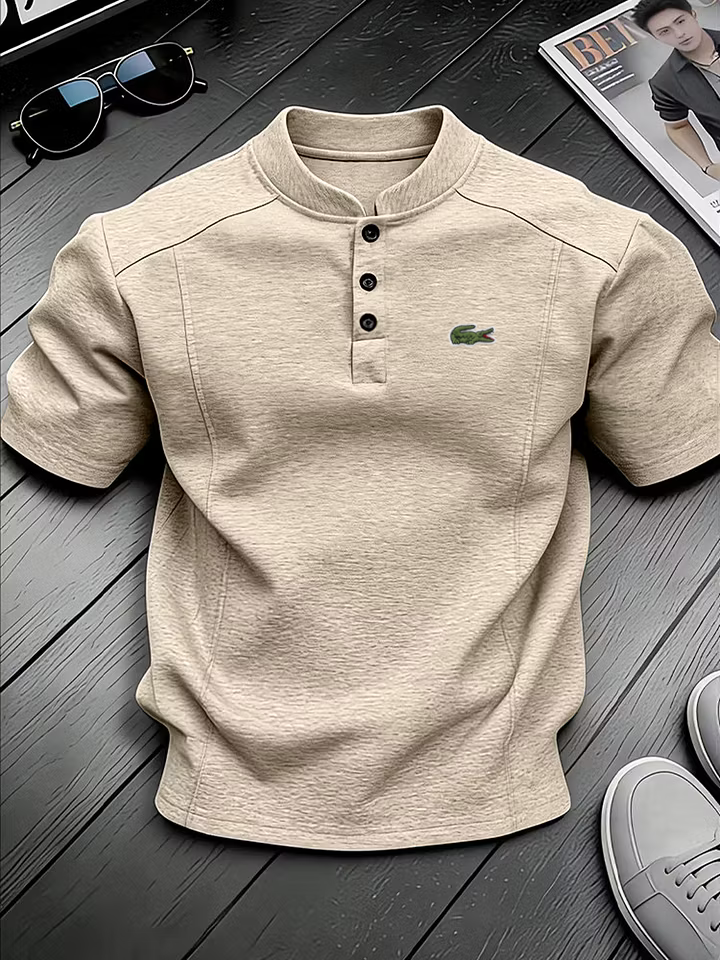 Men's Cotton Stand Collar Button Design Casual Short Sleeved Henley Shirt