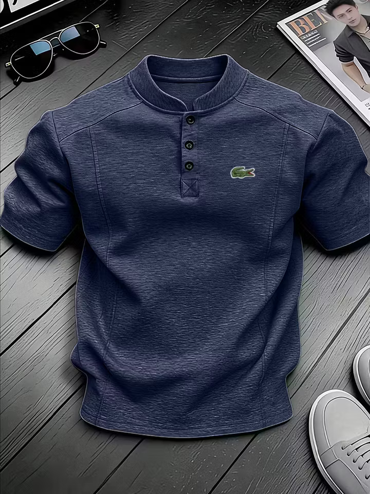 Men's Cotton Stand Collar Button Design Casual Short Sleeved Henley Shirt