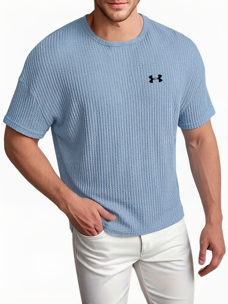 Men's Cotton Waffle Breathable Casual Round Neck Short Sleeved T-Shirt