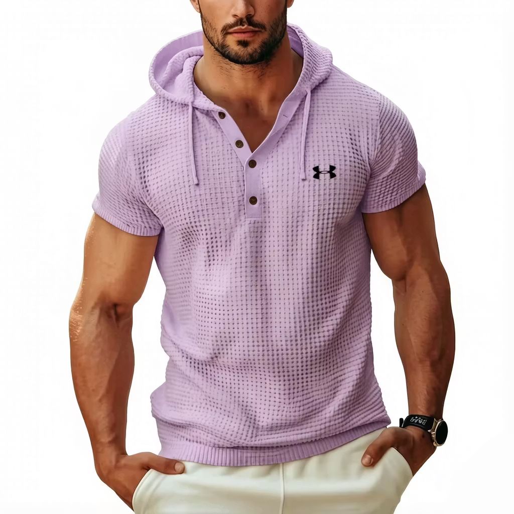 Men's Cotton Waffle Hoodie Casual Solid Color Short-Sleeve T-Shirt