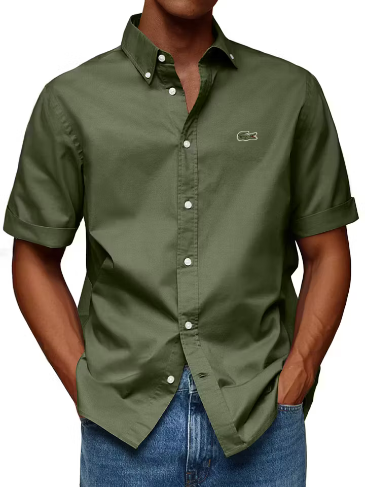 Men's Cotton Casual Fashion Lapel Solid Color Comfortable Short Sleeve Shirt