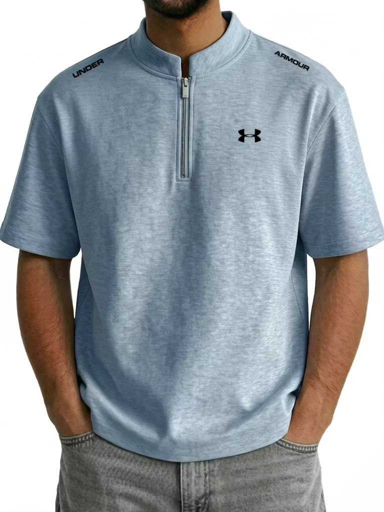 Men's Cotton Stand Collar Zipper Casual Sporty Short Sleeve T-Shirt