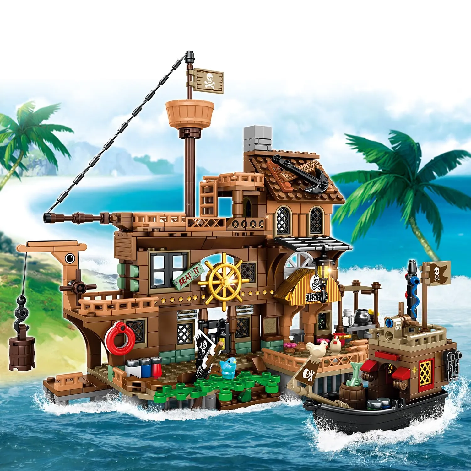 Mesiondy Pirate Island Pier Building Set ๐ดโโ ๏ธ โ 573 PCS, 21.6" Long Pirate Dock & Boat Toy ๐ข, Compatible with Major Brick Brands ๐งฉ - Image 2