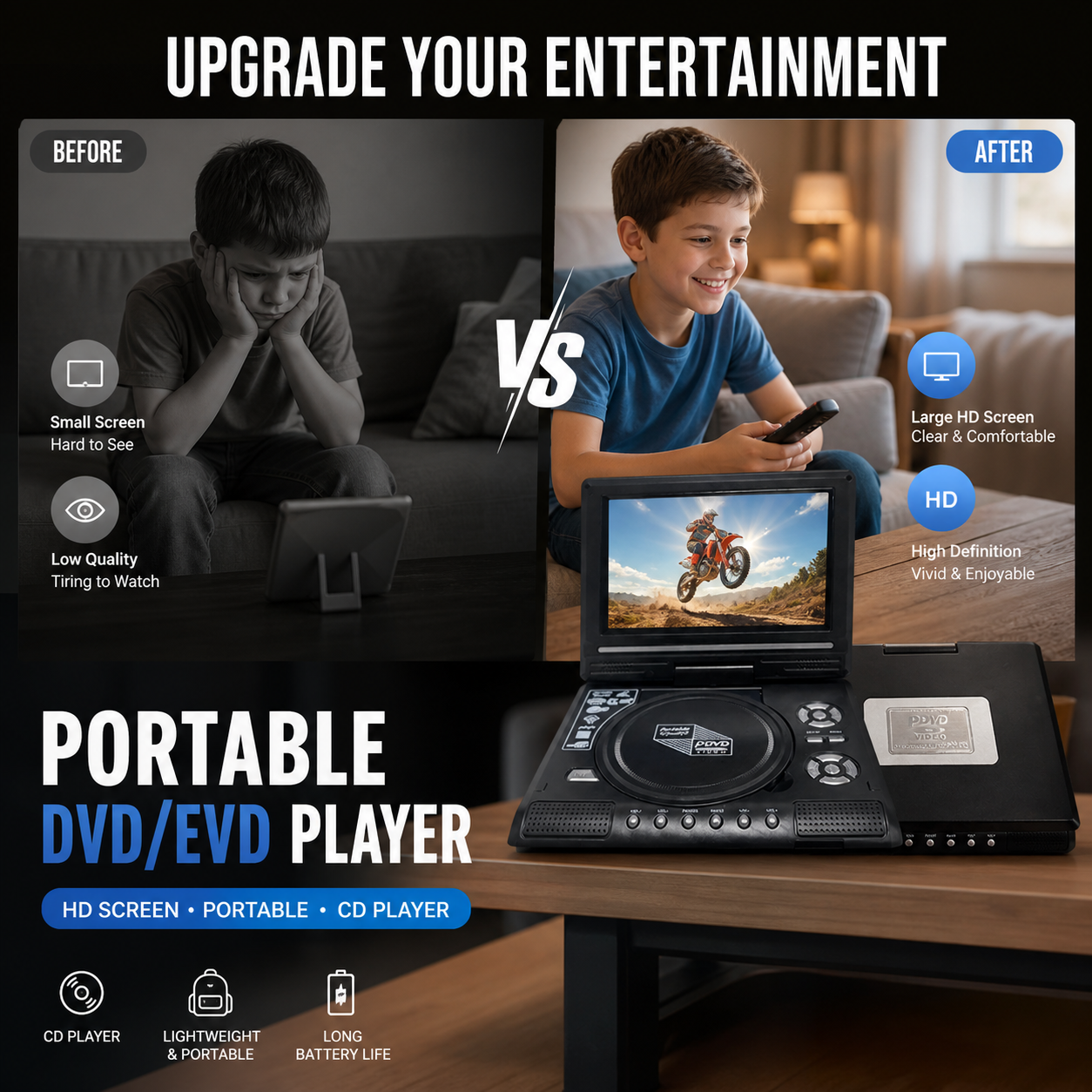 πΊ 7.8" HD Portable DVD/EVD Player β Large Screen, Rechargeable & Compatible with DVD/CD/USB/SD β Perfect for Home & Travel π₯ 50% OFF - Image 4