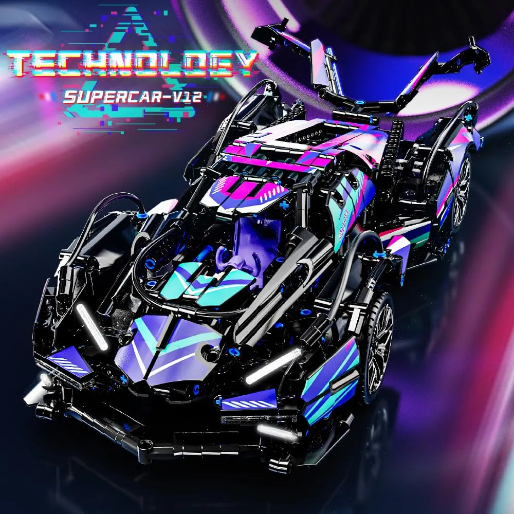 Mesiondy Cyberpunk V12 Hypercar Building Kit – 1039 PCS Premium Brick System | Italian Supercar Technic Model | Scissor Door & Active Wing Detail - Image 3
