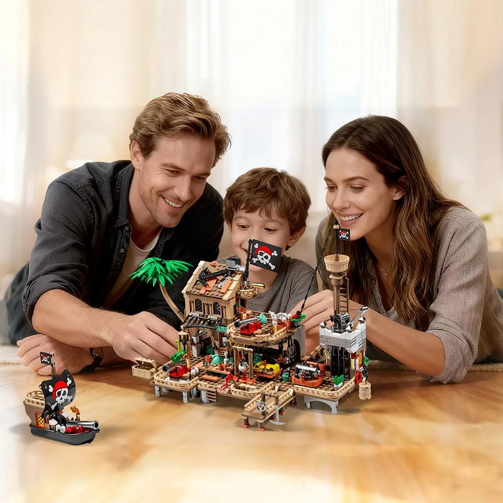 Mesiondy Pirate Island Outpost Building Set π΄ββ οΈ β 943 PCS, 13.8" Wide Pirate Hideout with Boat & Palm Tree π΄, Compatible with Major Brick Brands π§© - Image 3
