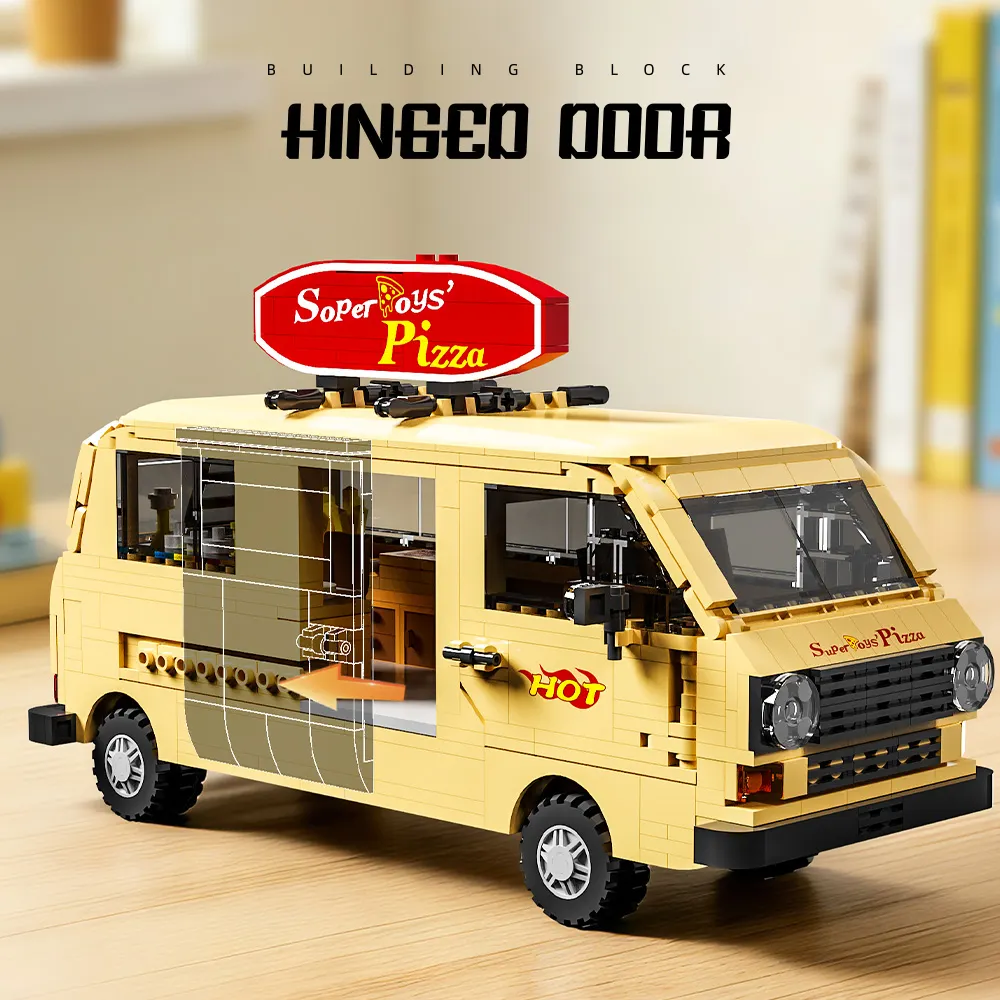 Mesiondy Retro Pizza Delivery Van Building Kit – 634 PCS Premium Brick System | 80s Food Truck Model | Removable Rooftop Sign & Interior Kitchen Detail - Image 5