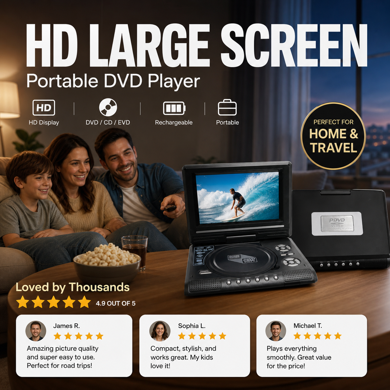 πΊ 7.8" HD Portable DVD/EVD Player β Large Screen, Rechargeable & Compatible with DVD/CD/USB/SD β Perfect for Home & Travel π₯ 50% OFF - Image 2