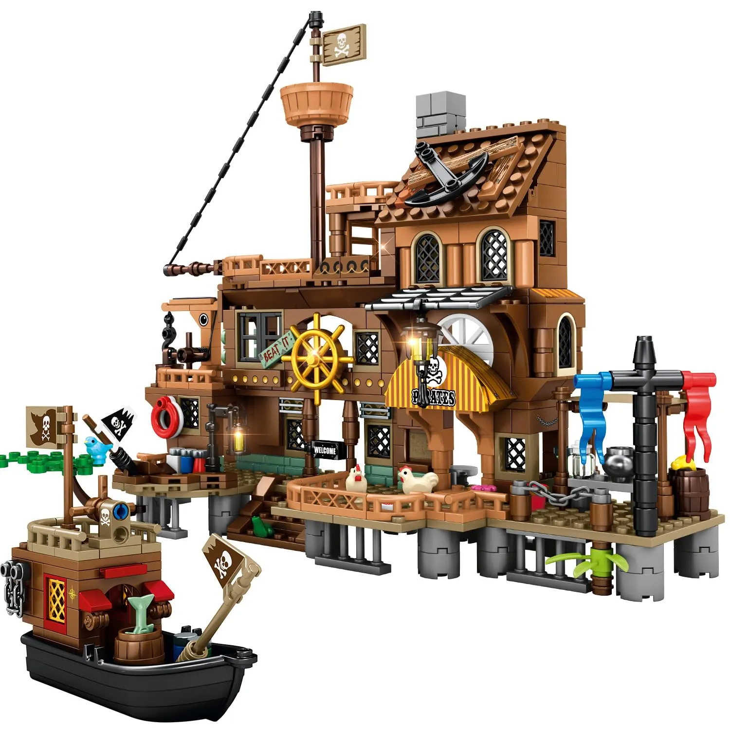 Mesiondy Pirate Island Pier Building Set ๐ดโโ ๏ธ โ 573 PCS, 21.6" Long Pirate Dock & Boat Toy ๐ข, Compatible with Major Brick Brands ๐งฉ - Image 5