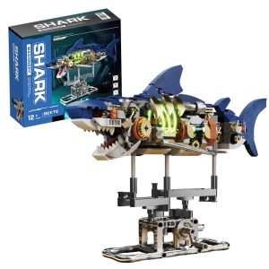 Mechanical Half-Cut Shark Building Set 🦈 – 687 PCS, Hand-Cranked Moving Action, 9" Tall STEM Toy for Kids & Adults ⚙️
