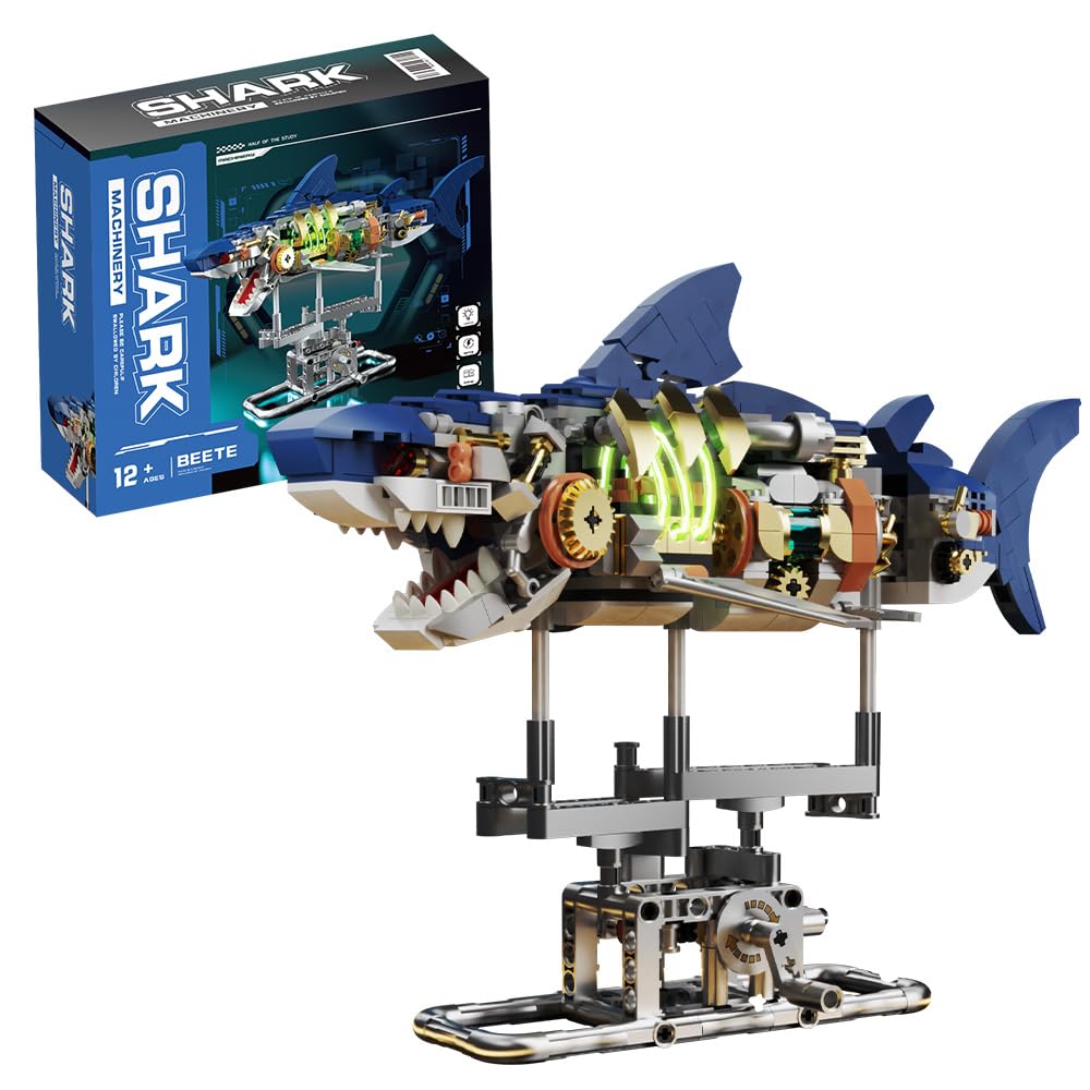 Mechanical Half-Cut Shark Building Set ๐ฆ โ 687 PCS, Hand-Cranked Moving Action, 9" Tall STEM Toy for Kids & Adults โ๏ธ