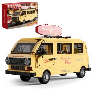 Mesiondy Retro Pizza Delivery Van Building Kit – 634 PCS Premium Brick System | 80s Food Truck Model | Removable Rooftop Sign & Interior Kitchen Detail