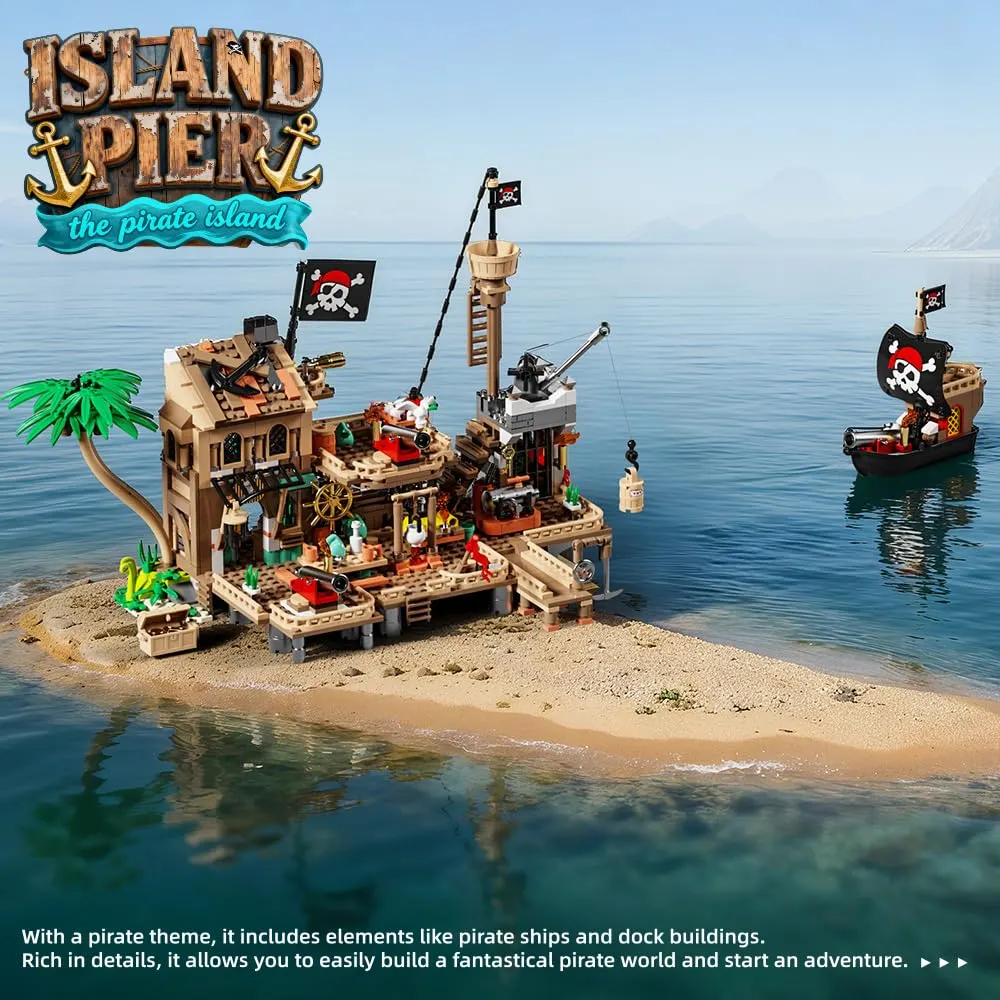 Mesiondy Pirate Island Outpost Building Set π΄ββ οΈ β 943 PCS, 13.8" Wide Pirate Hideout with Boat & Palm Tree π΄, Compatible with Major Brick Brands π§© - Image 4