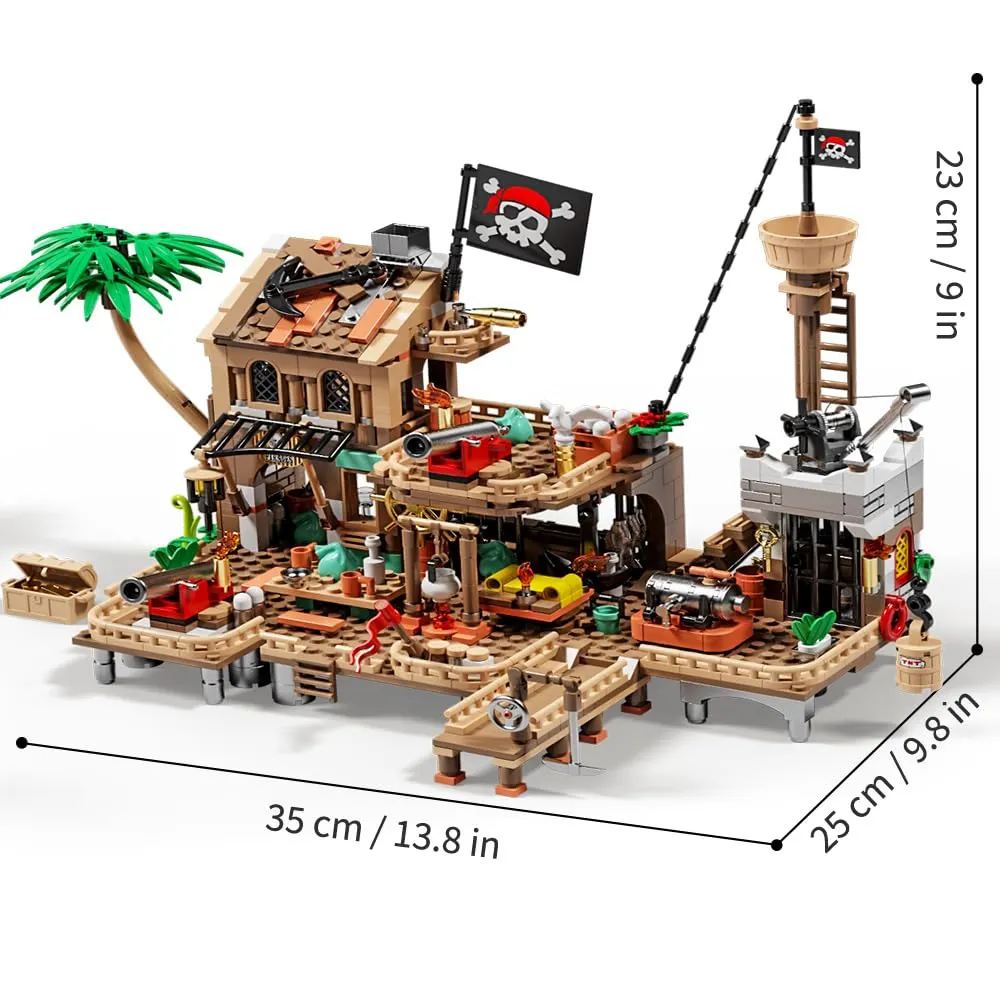 Mesiondy Pirate Island Outpost Building Set π΄ββ οΈ β 943 PCS, 13.8" Wide Pirate Hideout with Boat & Palm Tree π΄, Compatible with Major Brick Brands π§© - Image 2
