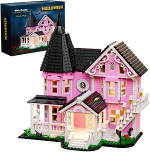 Mesiondy Enchanted Pink Victorian Manor Building Kit – 1349 PCS Premium Brick System | LED Light-Up Gothic Dollhouse | Halloween Display Collectible