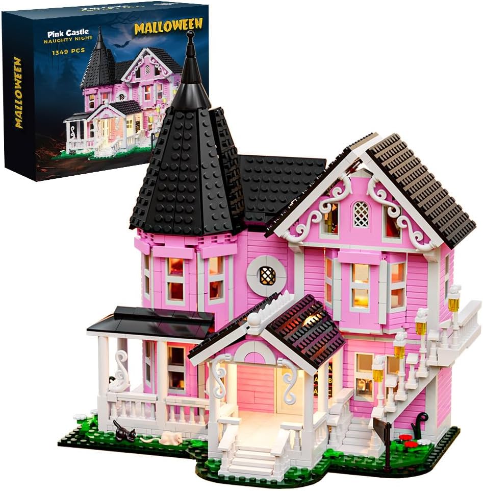 Mesiondy Enchanted Pink Victorian Manor Building Kit β 1349 PCS Premium Brick System | LED Light-Up Gothic Dollhouse | Halloween Display Collectible