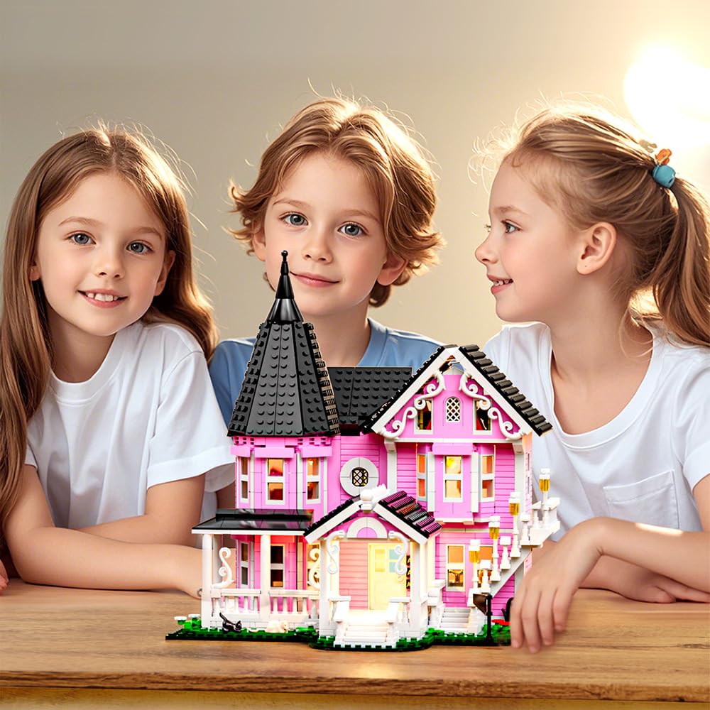 Mesiondy Enchanted Pink Victorian Manor Building Kit β 1349 PCS Premium Brick System | LED Light-Up Gothic Dollhouse | Halloween Display Collectible - Image 5