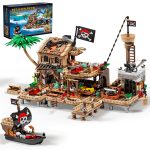 Mesiondy Pirate Island Outpost Building Set 🏴‍☠️ – 943 PCS, 13.8" Wide Pirate Hideout with Boat & Palm Tree 🌴, Compatible with Major Brick Brands 🧩