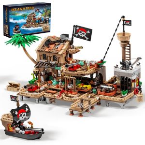 Mesiondy Pirate Island Outpost Building Set 🏴‍☠️ – 943 PCS, 13.8" Wide Pirate Hideout with Boat & Palm Tree 🌴, Compatible with Major Brick Brands 🧩