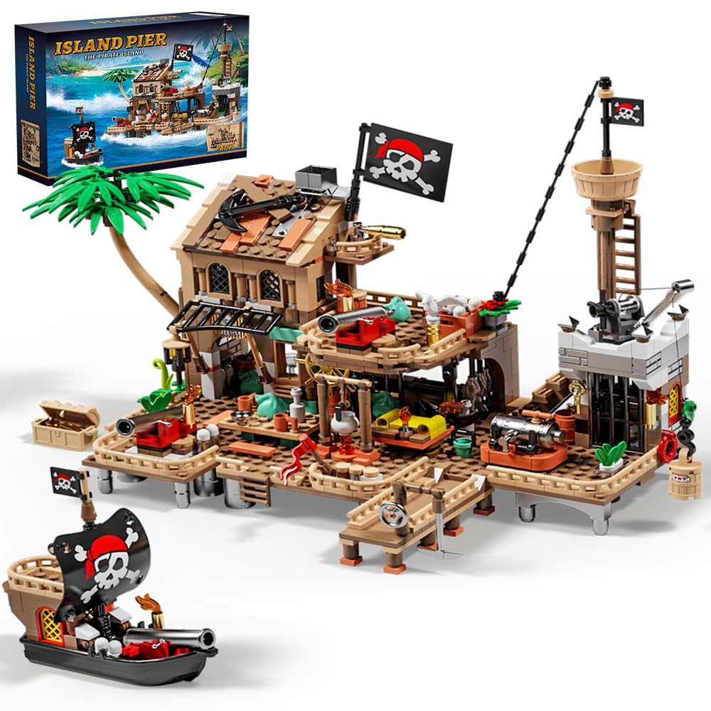 Mesiondy Pirate Island Outpost Building Set π΄ββ οΈ β 943 PCS, 13.8" Wide Pirate Hideout with Boat & Palm Tree π΄, Compatible with Major Brick Brands π§©
