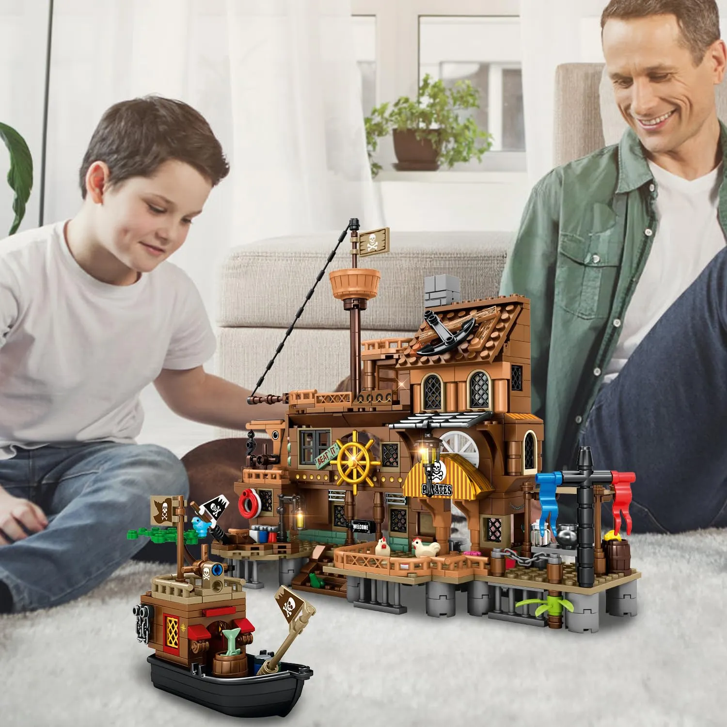 Mesiondy Pirate Island Pier Building Set ๐ดโโ ๏ธ โ 573 PCS, 21.6" Long Pirate Dock & Boat Toy ๐ข, Compatible with Major Brick Brands ๐งฉ - Image 3