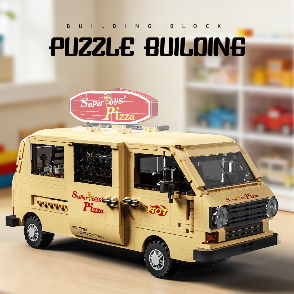 Mesiondy Retro Pizza Delivery Van Building Kit – 634 PCS Premium Brick System | 80s Food Truck Model | Removable Rooftop Sign & Interior Kitchen Detail - Image 4