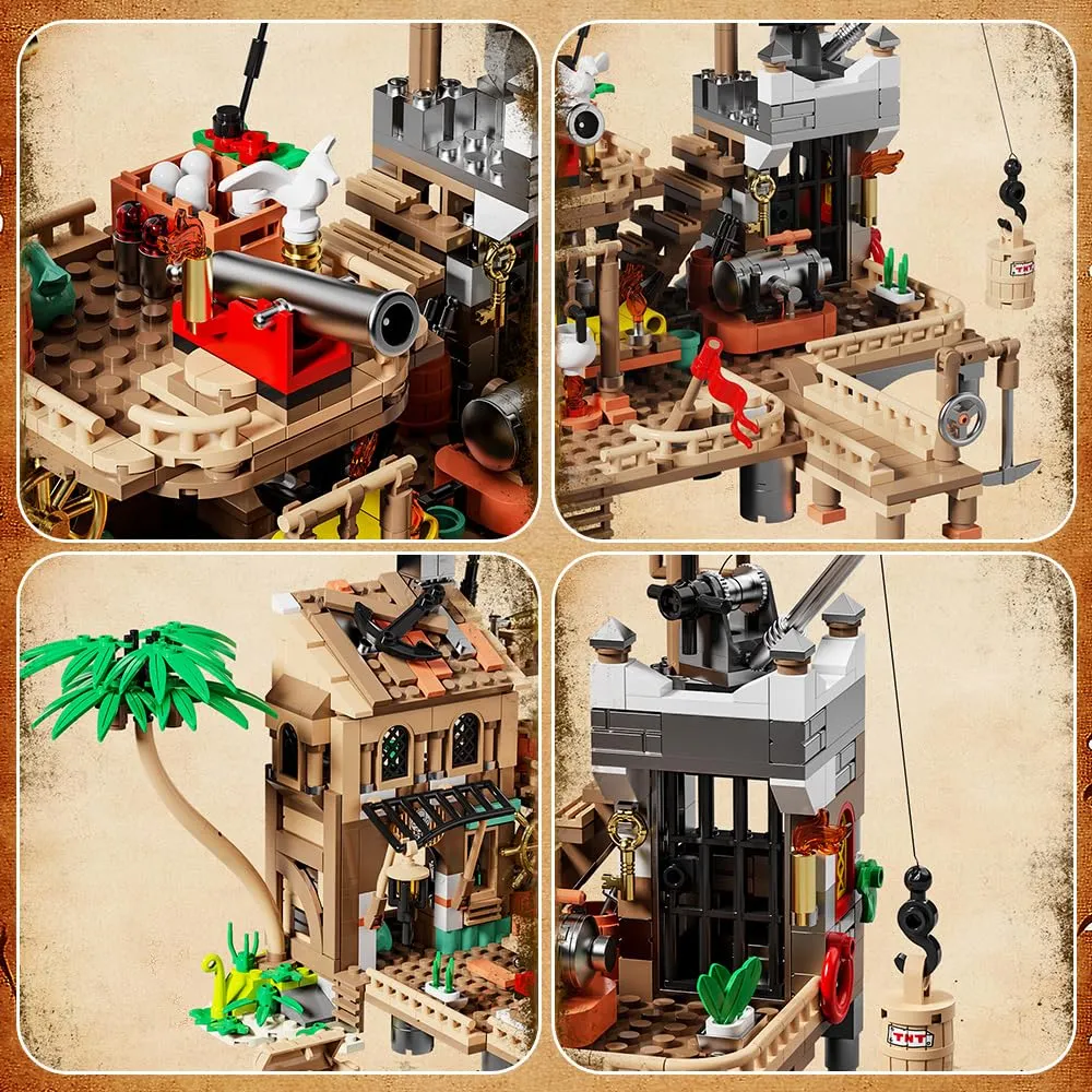 Mesiondy Pirate Island Outpost Building Set π΄ββ οΈ β 943 PCS, 13.8" Wide Pirate Hideout with Boat & Palm Tree π΄, Compatible with Major Brick Brands π§© - Image 8