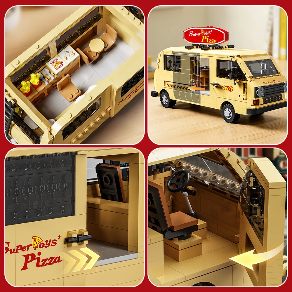 Mesiondy Retro Pizza Delivery Van Building Kit – 634 PCS Premium Brick System | 80s Food Truck Model | Removable Rooftop Sign & Interior Kitchen Detail - Image 10