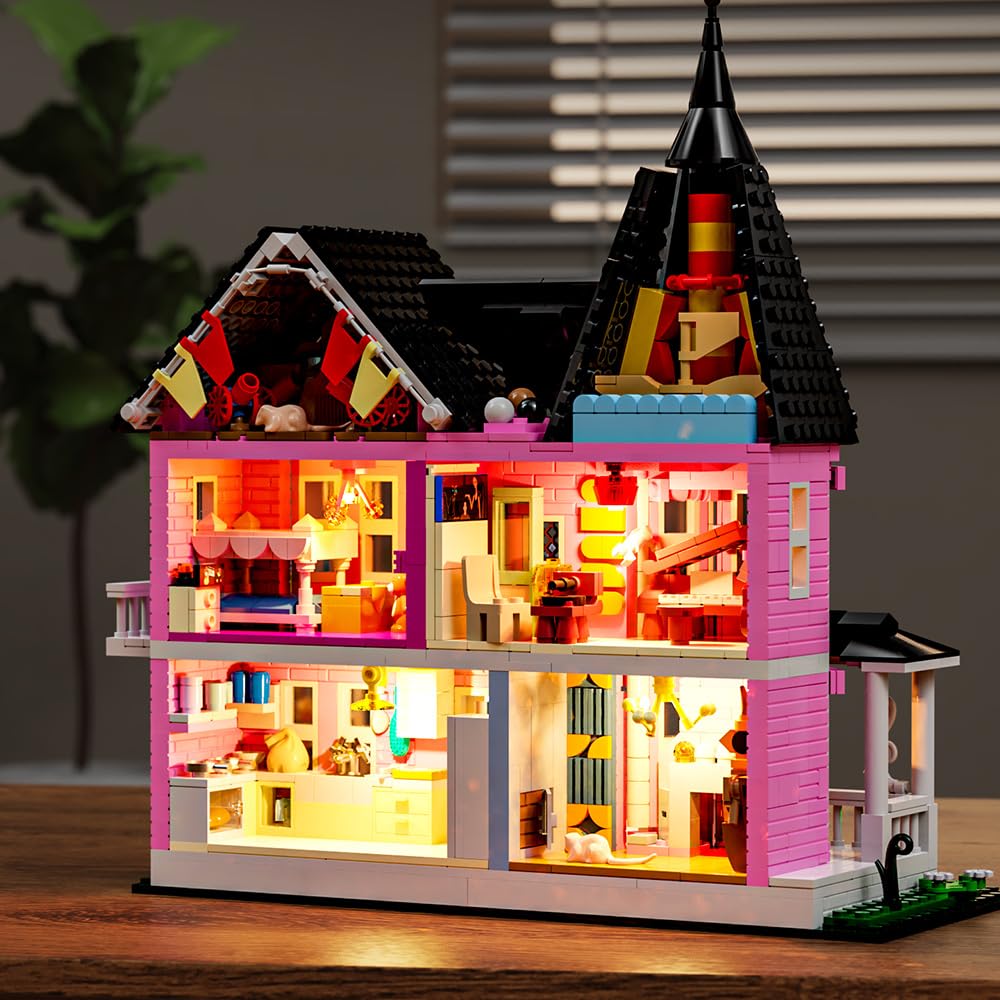 Mesiondy Enchanted Pink Victorian Manor Building Kit β 1349 PCS Premium Brick System | LED Light-Up Gothic Dollhouse | Halloween Display Collectible - Image 3